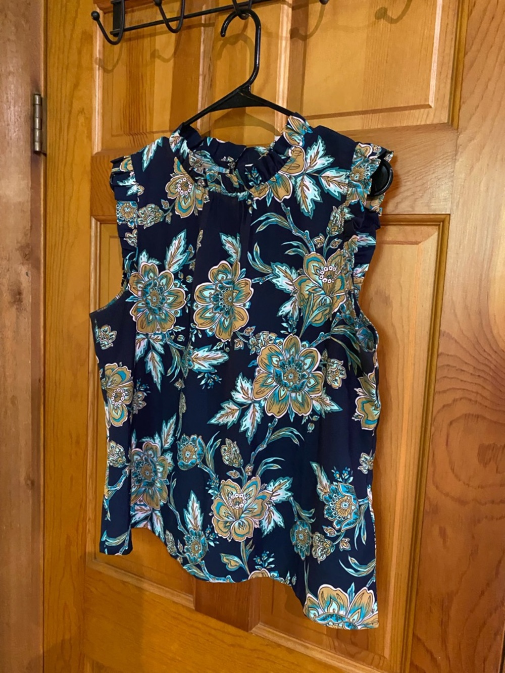 J. Crew Factory Navy Floral Ruffle-Trim Sleeveless Blouse